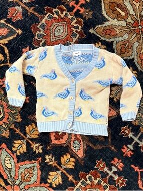 Oeuf Cream Cardigan with Light Blue Bird Motif Size 2-3 years